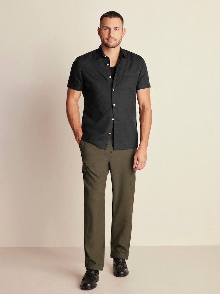 Black Standard Collar Linen Blend Short Sleeve Shirt - Image 2 of 8
