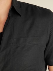 Black Standard Collar Linen Blend Short Sleeve Shirt - Image 4 of 8