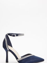 Quiz Blue Satin Diamante Trim Court Heels - Image 1 of 4