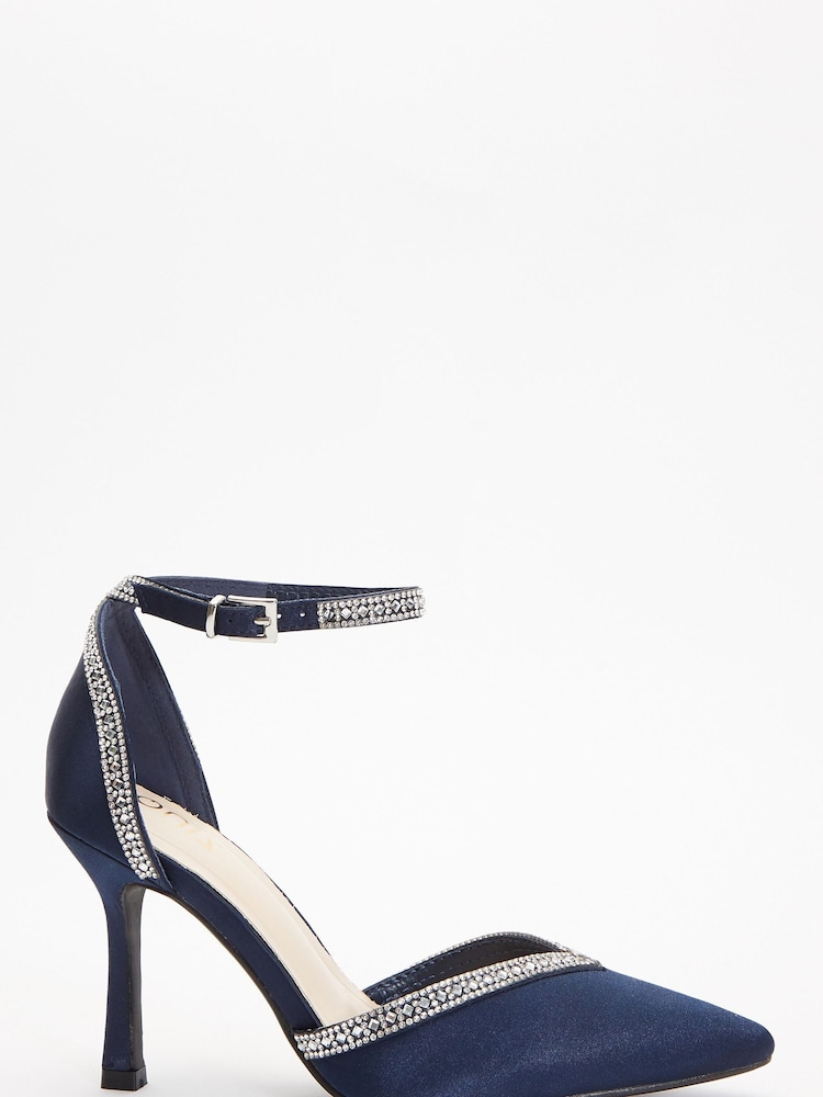 Quiz Blue Satin Diamante Trim Court Heels - Image 1 of 4