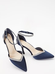 Quiz Blue Satin Diamante Trim Court Heels - Image 3 of 4