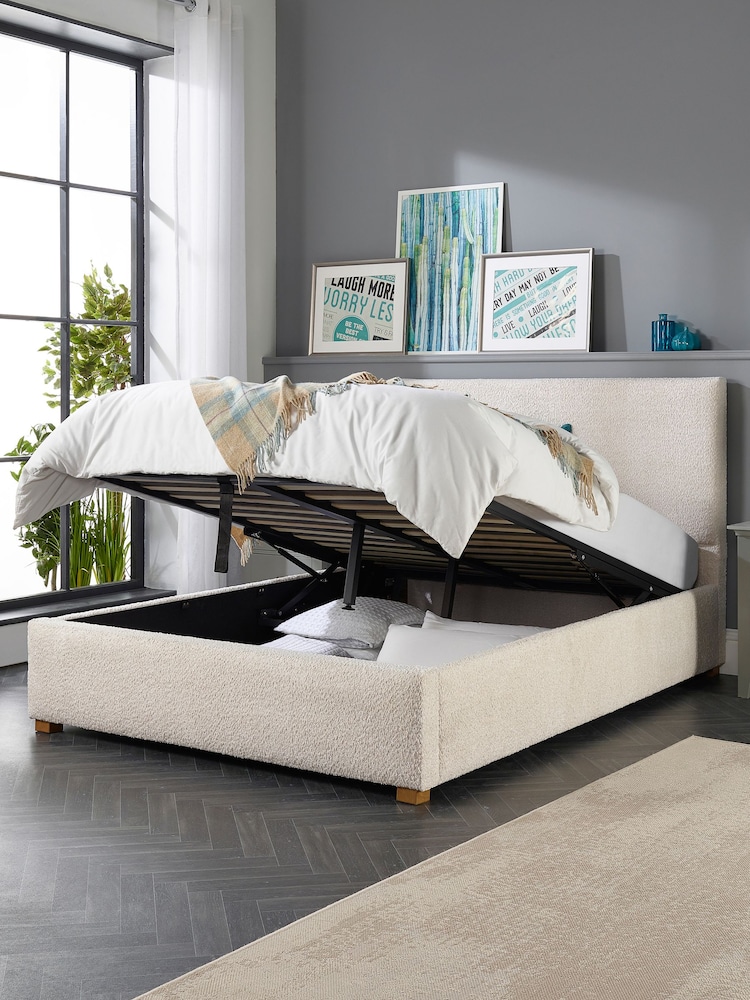 Aspire Furniture Cream Bouclé Upholstered Garland End Lift Ottoman Storage Bed - Image 2 of 5