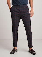 Navy Blue/Burgundy Red Slim Tapered Trimmed Check Trousers - Image 1 of 9