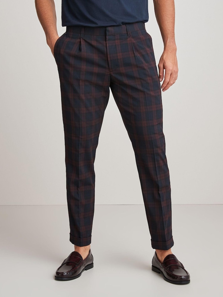 Navy Blue/Burgundy Red Slim Tapered Trimmed Check Trousers - Image 1 of 9
