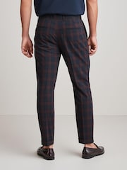 Navy Blue/Burgundy Red Slim Tapered Trimmed Check Trousers - Image 2 of 9