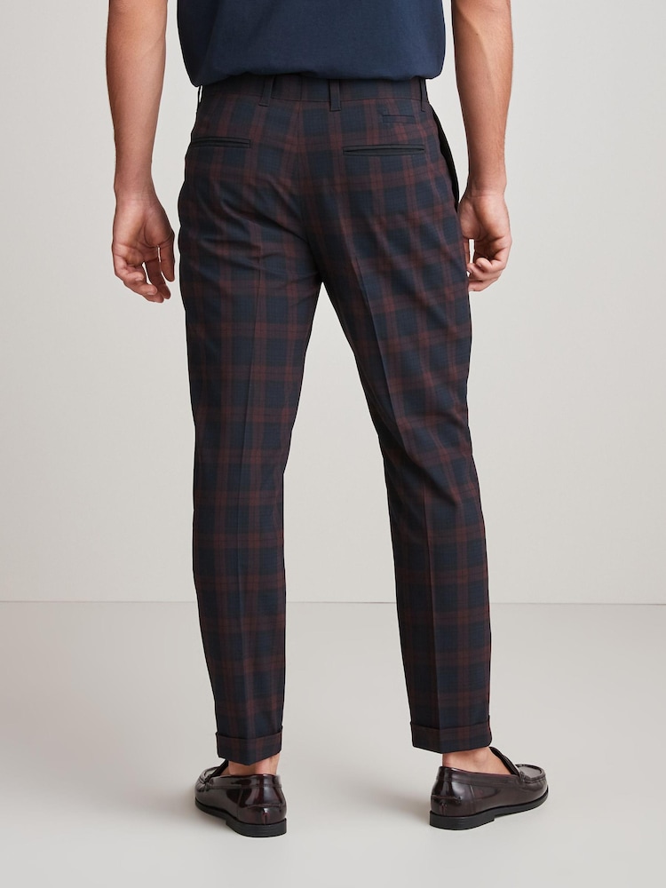Navy Blue/Burgundy Red Slim Tapered Trimmed Check Trousers - Image 2 of 9