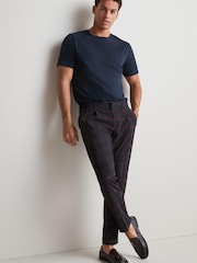 Navy Blue/Burgundy Red Slim Tapered Trimmed Check Trousers - Image 3 of 9