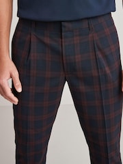 Navy Blue/Burgundy Red Slim Tapered Trimmed Check Trousers - Image 4 of 9