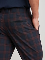 Navy Blue/Burgundy Red Slim Tapered Trimmed Check Trousers - Image 5 of 9