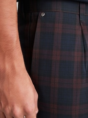 Navy Blue/Burgundy Red Slim Tapered Trimmed Check Trousers - Image 6 of 9