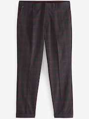 Navy Blue/Burgundy Red Slim Tapered Trimmed Check Trousers - Image 7 of 9