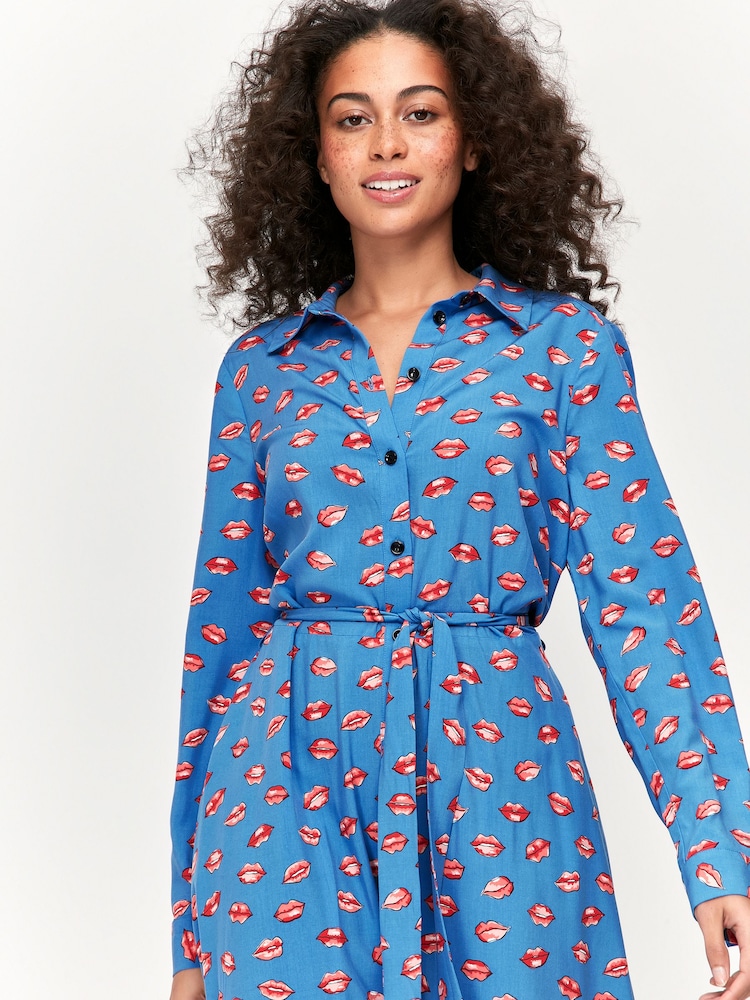 Khost Clothing Blue Lips Print Midi Shirt Dress - Image 2 of 3