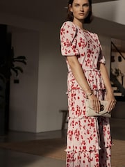 Ecru White Floral Plissé Tiered Short Sleeve Midi Dress - Image 1 of 5