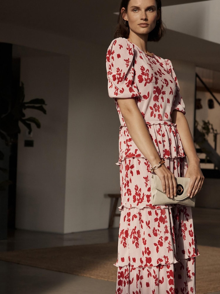 Ecru White Floral Plissé Tiered Short Sleeve Midi Dress - Image 1 of 5 Ecru White Floral Plissé Tiered Short Sleeve Midi Dress - Image 1 of 5