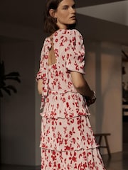 Ecru White Floral Plissé Tiered Short Sleeve Midi Dress - Image 2 of 5