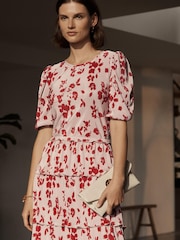 Ecru White Floral Plissé Tiered Short Sleeve Midi Dress - Image 3 of 5