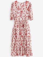 Ecru White Floral Plissé Tiered Short Sleeve Midi Dress - Image 5 of 5
