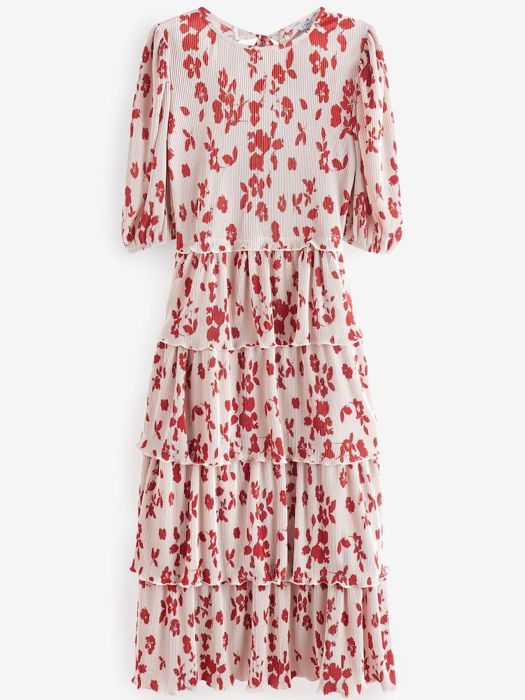Ecru White Floral Plissé Tiered Short Sleeve Midi Dress - Image 5 of 5