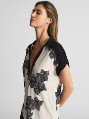 Reiss Cream/Black Daria Printed Open Collar Top - Image 1 of 6