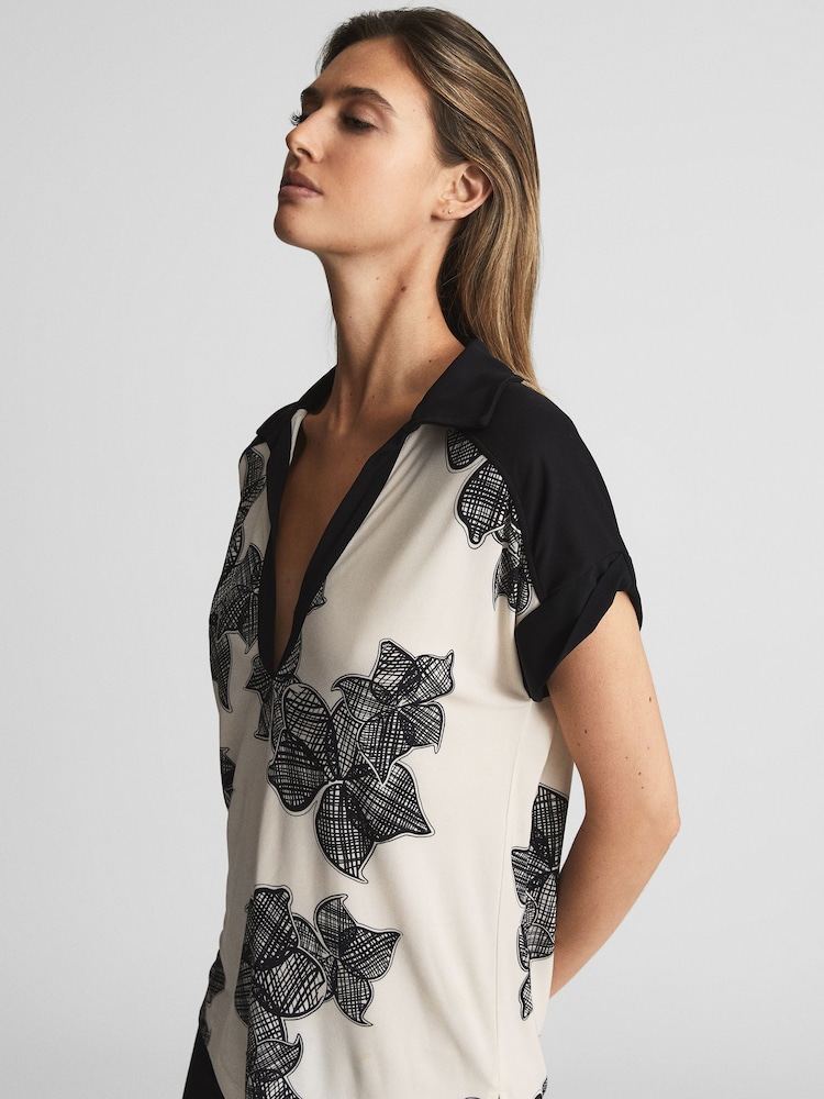 Reiss Cream/Black Daria Printed Open Collar Top - Image 1 of 6