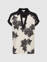 Reiss Cream/Black Daria Printed Open Collar Top - Image 2 of 6