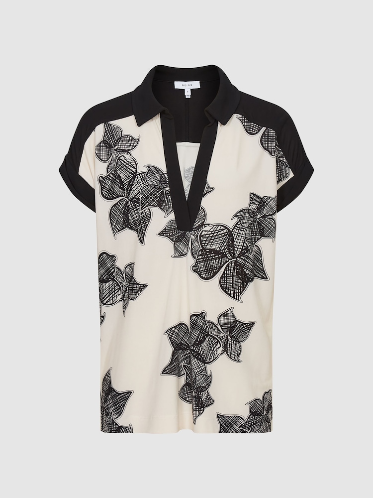 Reiss Cream/Black Daria Printed Open Collar Top - Image 2 of 6