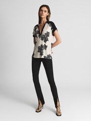 Reiss Cream/Black Daria Printed Open Collar Top - Image 3 of 6