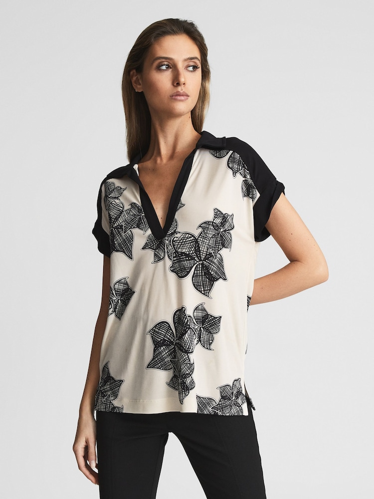 Reiss Cream/Black Daria Printed Open Collar Top - Image 6 of 6