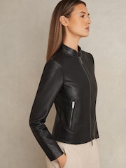 Reiss Black Allie Leather Collarless Biker Jacket - Image 1 of 7
