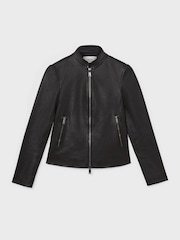 Reiss Black Allie Leather Collarless Biker Jacket - Image 2 of 7