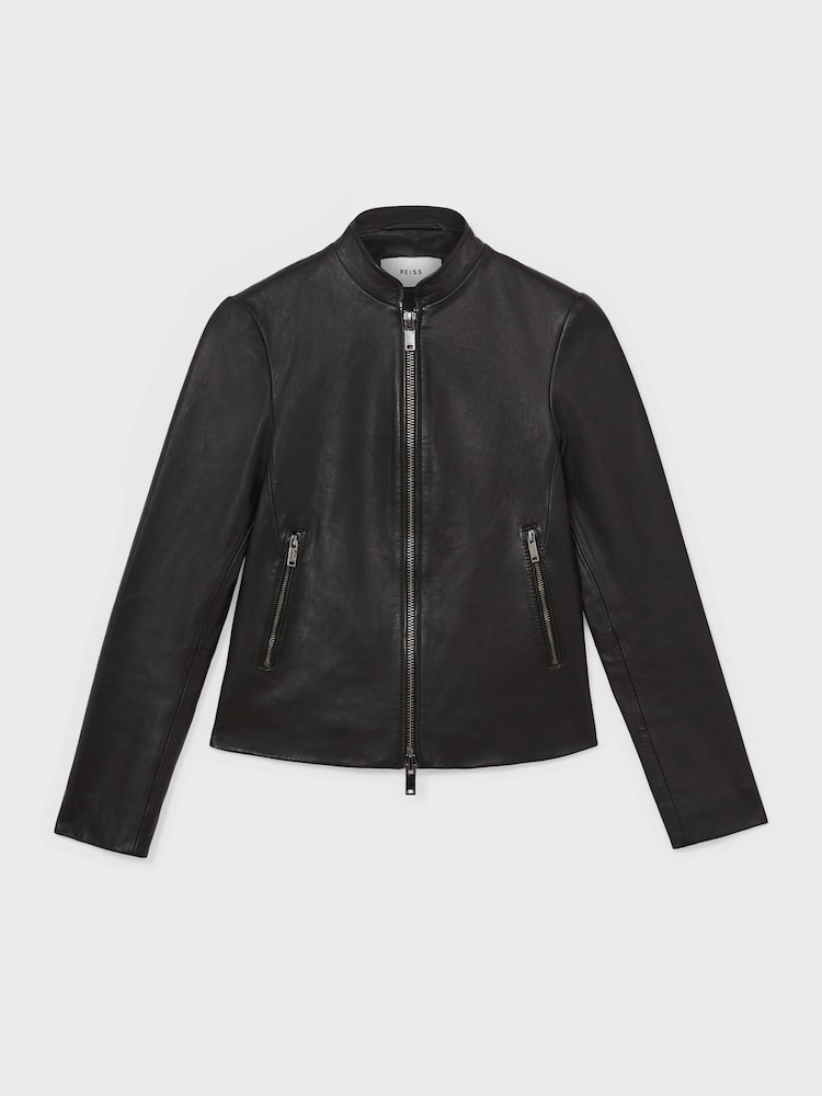 Reiss Black Allie Leather Collarless Biker Jacket - Image 2 of 7