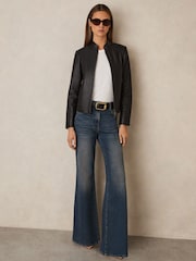 Reiss Black Allie Leather Collarless Biker Jacket - Image 3 of 7