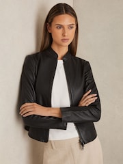 Reiss Black Allie Leather Collarless Biker Jacket - Image 4 of 7