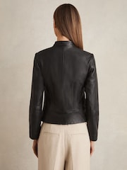 Reiss Black Allie Leather Collarless Biker Jacket - Image 6 of 7