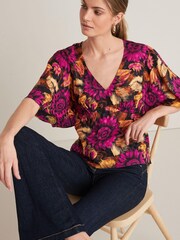 Black/Pink Floral Flutter Sleeve Satin Jacquard Top - Image 1 of 4