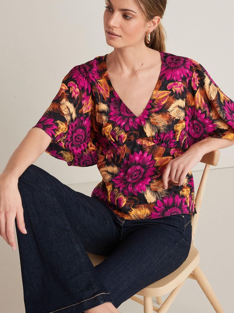 Black/Pink Floral Flutter Sleeve Satin Jacquard Top - Image 1 of 4