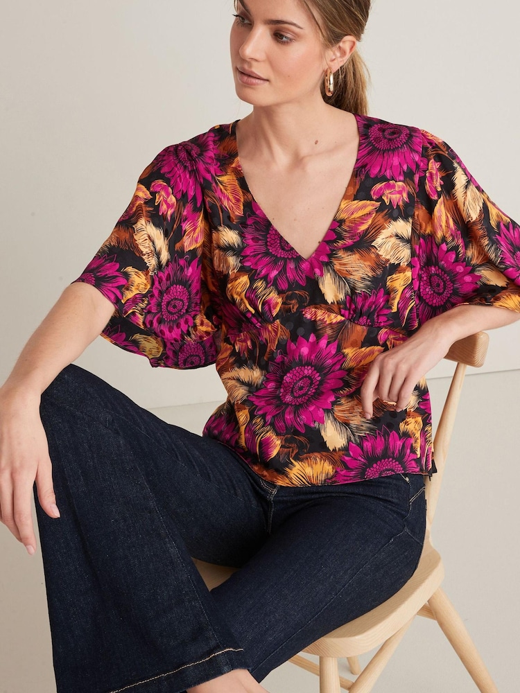Black/Pink Floral Flutter Sleeve Satin Jacquard Top - Image 1 of 4 Black/Pink Floral Flutter Sleeve Satin Jacquard Top - Image 1 of 4