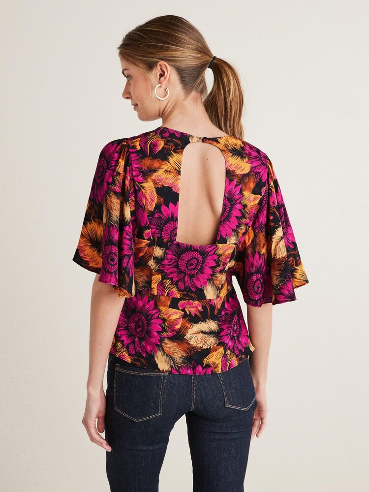 Black/Pink Floral Flutter Sleeve Satin Jacquard Top - Image 2 of 4