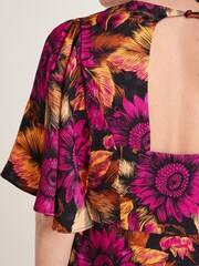 Black/Pink Floral Flutter Sleeve Satin Jacquard Top - Image 3 of 4