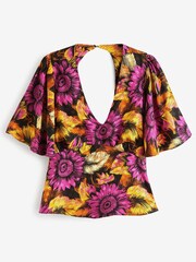 Black/Pink Floral Flutter Sleeve Satin Jacquard Top - Image 4 of 4