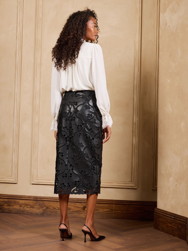 Love & Roses Faux Leather Cutwork Pencil Midi Skirt - Image 6 of 6