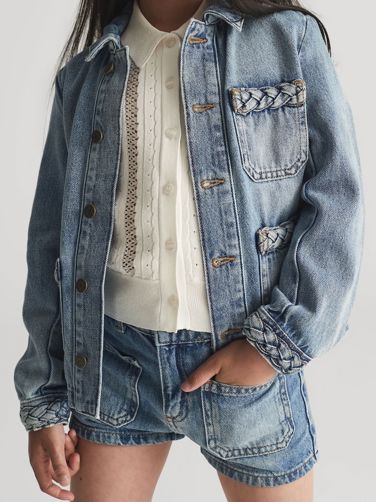 Reiss Light Blue Ava Jr Plait Detail Denim Shorts - Image 1 of 6