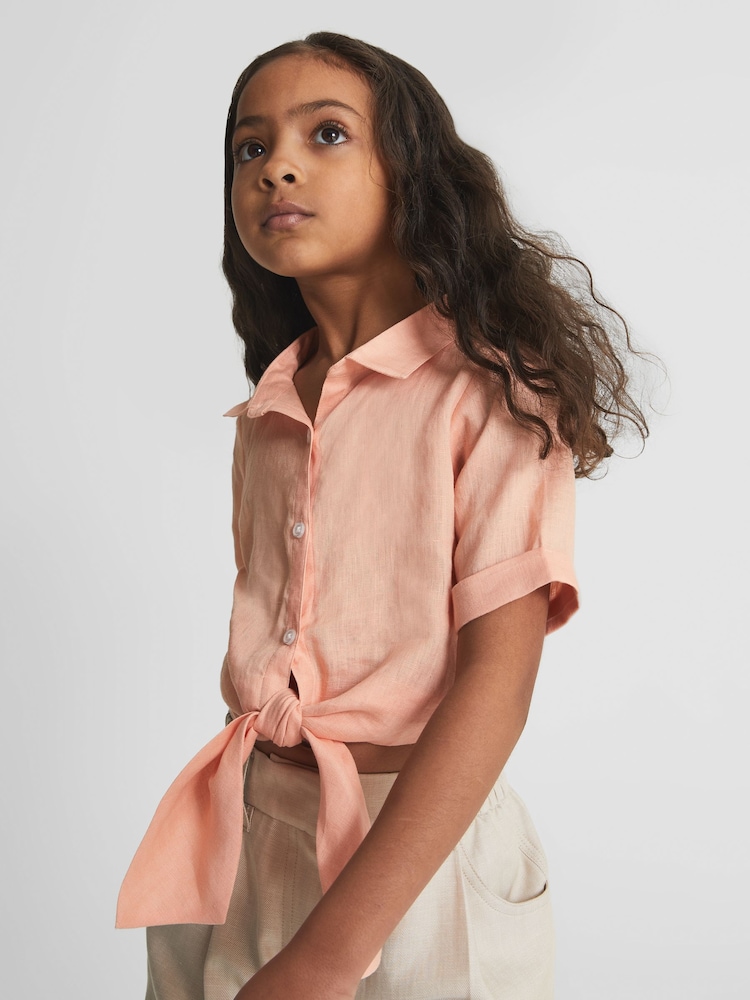 Reiss Pink Corrine Junior Tie Front Linen Shirt - Image 1 of 6