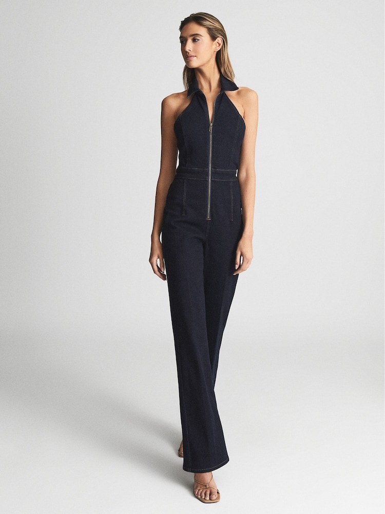Reiss Indigo Pennie Denim Halter Jumpsuit - Image 1 of 6 Reiss Indigo Pennie Denim Halter Jumpsuit - Image 1 of 6