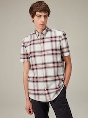 Ecru White/Navy Blue Stretch Oxford Check Short Sleeve Shirt - Image 1 of 8
