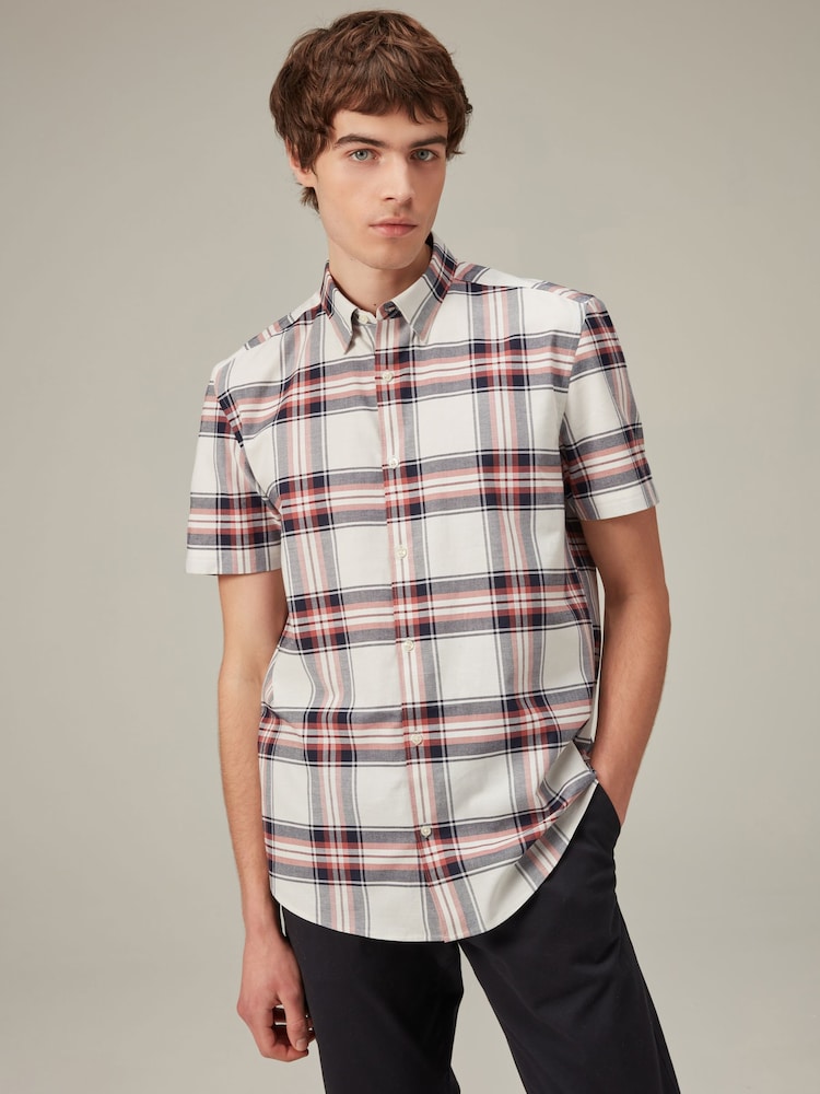 Ecru White/Navy Blue Stretch Oxford Check Short Sleeve Shirt - Image 1 of 8