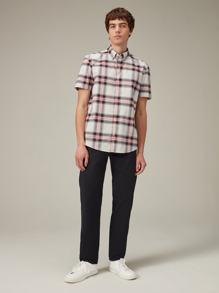 Ecru White/Navy Blue Stretch Oxford Check Short Sleeve Shirt - Image 2 of 8
