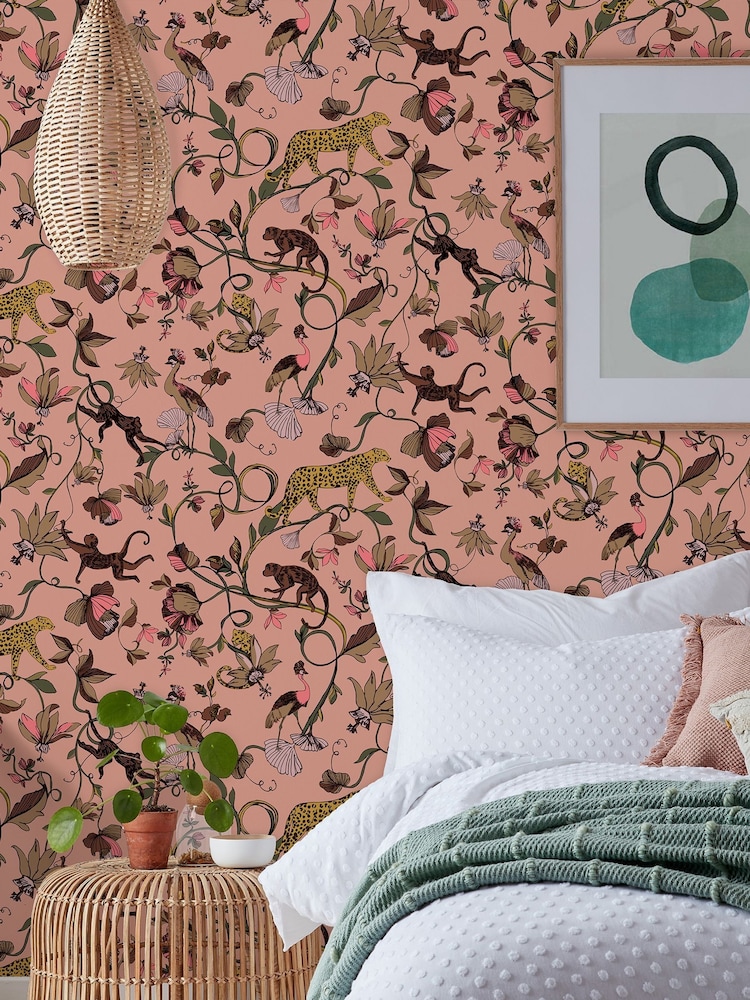 furn. Pink Exotic Wildlings Tropical Wallpaper - Image 1 of 3