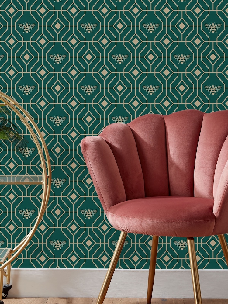 Furn Emerald Green Bee Deco Geometric Foiled Wallpaper - Image 1 of 3