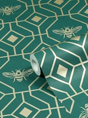 Furn Emerald Green Bee Deco Geometric Foiled Wallpaper - Image 2 of 3
